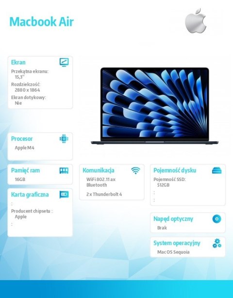 Apple MacBook Air 15.3 cala: M4 10/10, 16GB, 512GB - Północ