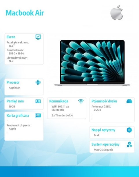 Apple MacBook Air 15.3 cala: M4 10/10, 16GB, 512GB - Srebrny