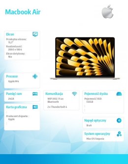 Apple MacBook Air 15.3 cala: M4 10/10, 24GB, 512GB - Księżycowa Poświata