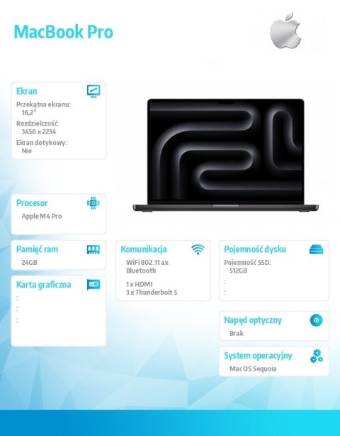 Apple MacBook Pro 16.2 cali: M4 Pro 14/20, 24GB, 512GB SSD - Gwiezdna czerń
