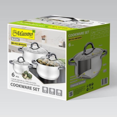 Feel-Maestro Komplet garnków z czarnymi uchwytami 6 elementów MR-3522-6M-BLACK
