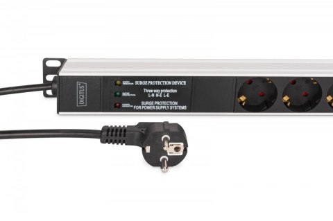Digitus Listwa zasilająca PDU Rack (620mm) z zabezpieczeniem przeciwprzepięciowym + filtr EMI/RFI, 9 gniazd Schuko CEE 7/3 (45°), kabel 