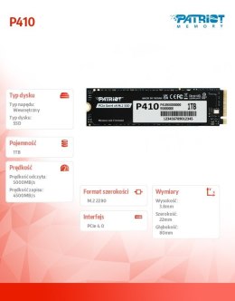 Patriot Dysk SSD 1TB P410 PCIe M.2 Gen4 x4 NVMe 1.4 2280 5000/4500MB/s