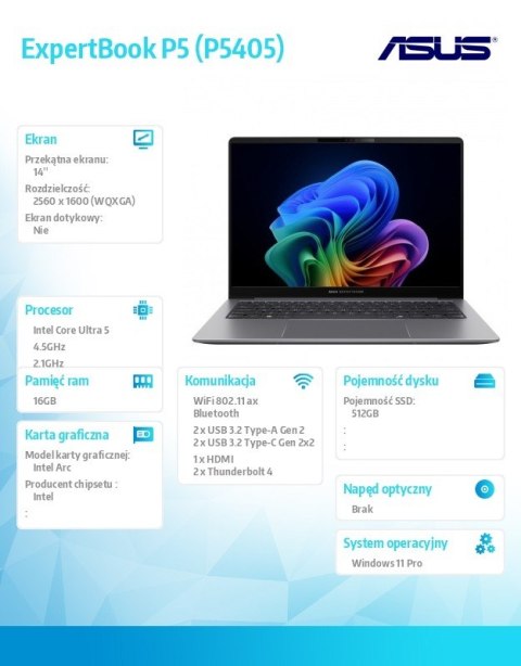 Asus Notebook ExpertBook P5 P5405CSA-NZ0416W Ultra 5 226V/16GB/512GB/14 WQXGA/Win 11Home/3YRS Copilot+PC