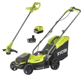 Ryobi Zestaw: kosiarka akumulatorowa OLM1833 33cm+ podkaszarka akumulatorowa RY18LT23A 23cm + akumulator 4.AH + ładowarka