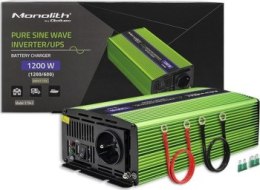 Qoltec Przetwornica napięcia Monolith | ładowanie baterii | UPS | 600W | 1200W | 12V na 230V |Czysty Sinus