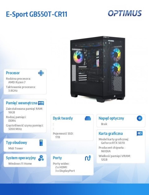OPTIMUS Komputer E-Sport GB550T-CR11 R7-5800X/16GB/1TB/RTX 5070 OC 12GB/W11