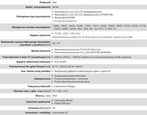 XTAR ŁADOWARKA DO AKUMULATORÓW CYLINDRYCZNYCH LI-ION MC4S