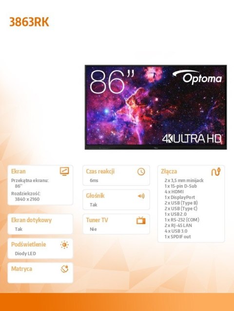 Optoma Monitor interaktywny 86 cali IFPD 3863RK H1F0H08BW101