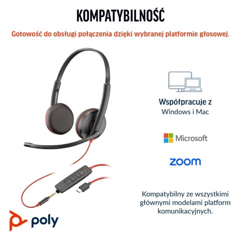 POLY Zestaw słuchawkowy Blackwire 3225 Stereo USB-C + wtyczka 3,5 mm + przejściówka USB-C/A