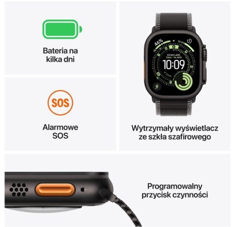 Apple Watch Ultra 3 GPS + Cellular koperta 49 mm z tytanu w kolorze czarnym, opaska Trail w kolorze czarnym/węgla drzewnego - rozmiar 