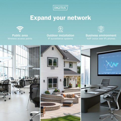 Digitus Zasilacz/Adapter PoE+ 802.3at aktywny max. 55V 30W 10/100/1000Mbps, transmisja do 100m