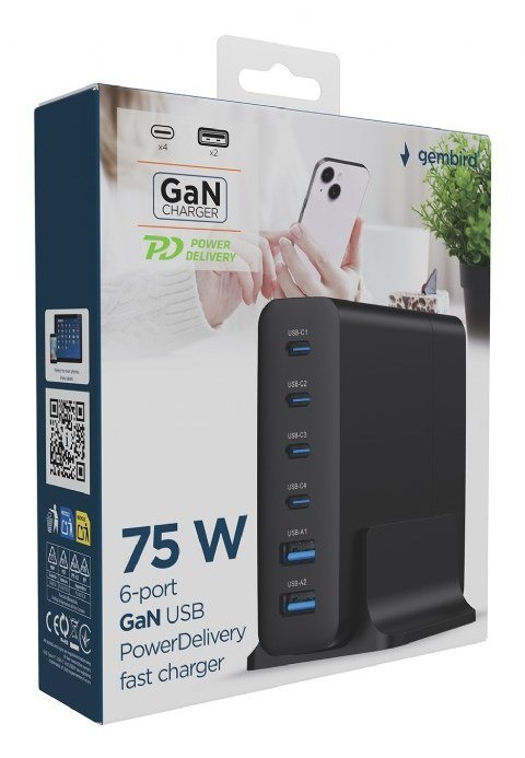 GEMBIRD 6-PORTOWA SZYBKA ŁADOWARKA SIECIOWA GAN (PD) 6XUSB (2X USB-A + 4X USB-C), 75W, CZARNA