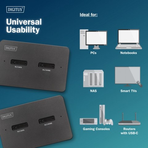 Digitus Stacja dokująca USB-C 3.2 Gen2 dla dysków SSD M.2 Duo NVMe oraz SATA (max. 2x 4 TB) z czytnikiem kart SD-Express 7.1 (max. 2 TB)