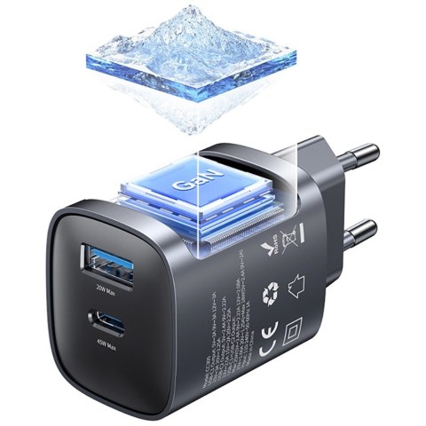 USAMS Ładowarka sieciowa T66 45W CC290 GaN Fast charge 1xUSB-A 1xUSB-C srebrny