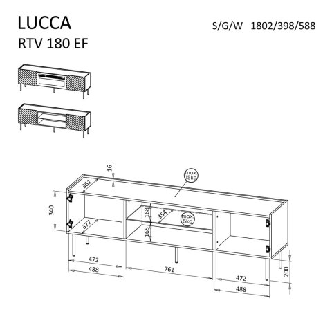 Szafka RTV LUCCA 180x40x59 kaszmir + kominek czarny