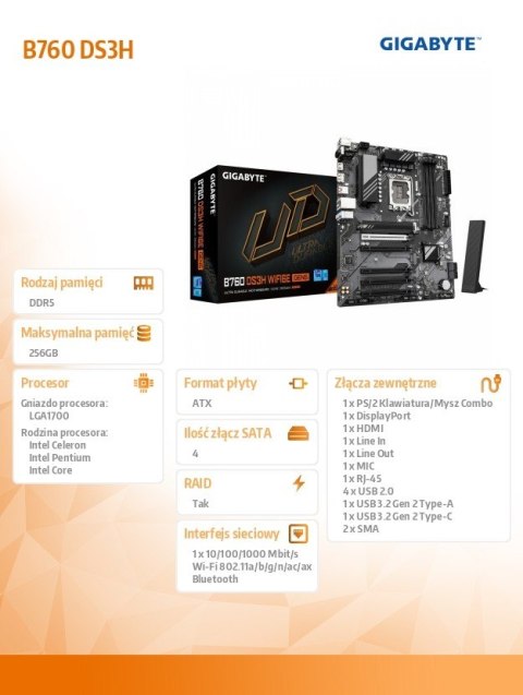 Gigabyte Płyta główna B760 DS3H WF6E GEN5 s17 00 4DDR5 HDMI/DP ATX