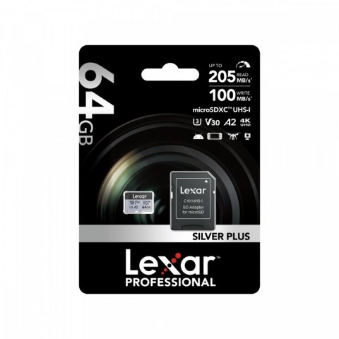 Lexar Karta pamięci microSD 64GB C10 A2 U3 V30 205/100MB/s Silver Plus