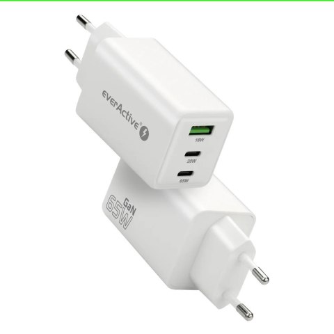 EverActive Ładowarka sieciowa GAN QC 4+ 65W 1XUSB 2XUSB-C biała SC-655Q