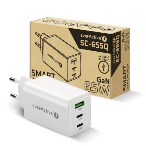EverActive Ładowarka sieciowa GAN QC 4+ 65W 1XUSB 2XUSB-C biała SC-655Q