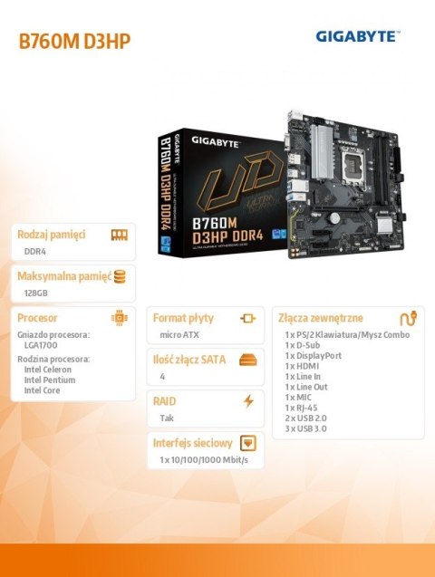 Gigabyte Płyta główna B760M D3HP DDR4 s1700 4DDR4 DSUB/HDMI/DP mATX