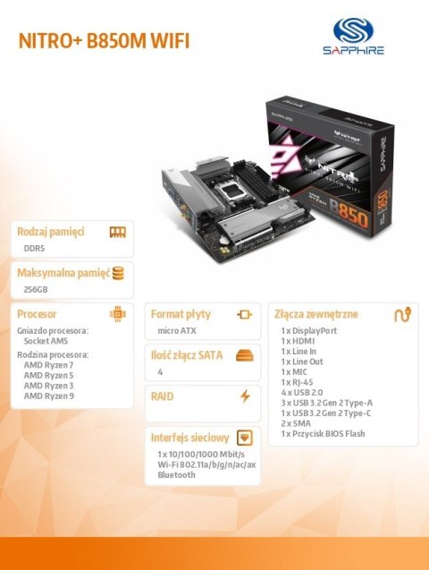 Sapphire Technology Płyta główna NITRO+ B850M WIFI AM5 4DDR5 mATX