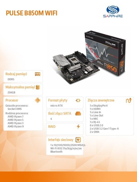 Sapphire Technology Płyta główna PULSE B850M WIFI AM5 4DDR5 mATX