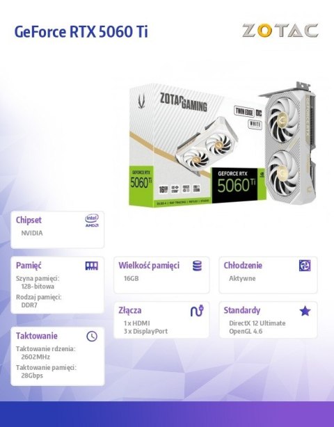 ZOTAC Karta graficzna GeForce RTX 5060 Ti 16GB TWIN EDGE OC GDDR7 128bit biała