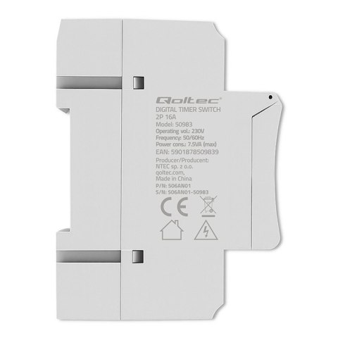 Qoltec Elektroniczny programator czasowy TIMER na szynę DIN z wbudowaną baterią | harmonogram 7 dni | 16 programów