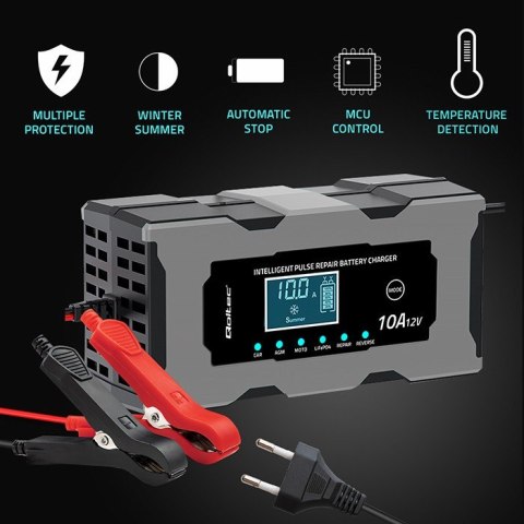 Qoltec Mikroprocesorowa ładowarka 12V 10A | Prostownik z funkcją naprawy do akumulatora AGM GEL LiFePO4 | LCD