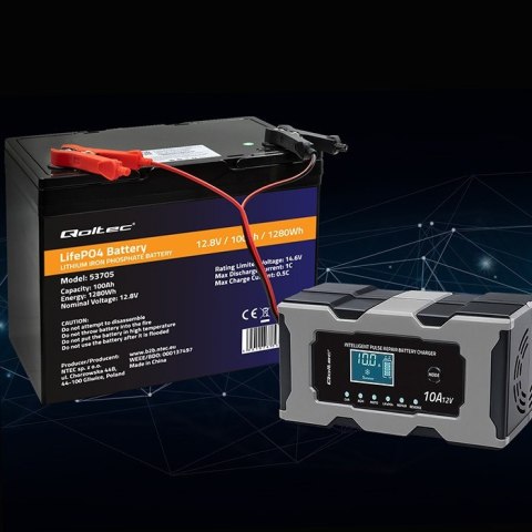 Qoltec Mikroprocesorowa ładowarka 12V 10A | Prostownik z funkcją naprawy do akumulatora AGM GEL LiFePO4 | LCD