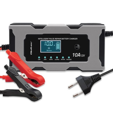 Qoltec Mikroprocesorowa ładowarka 12V 10A | Prostownik z funkcją naprawy do akumulatora AGM GEL LiFePO4 | LCD
