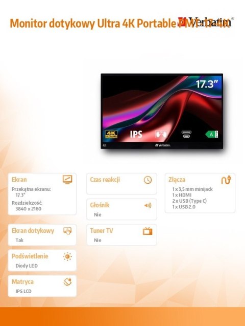 Verbatim Monitor dotykowy Ultra 4K Portable PMT-17-4K