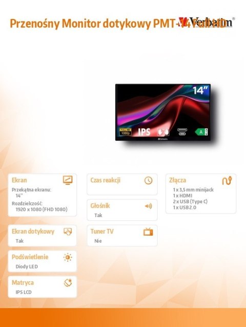 Verbatim Przenośny Monitor dotykowy PMT-14 Full HD