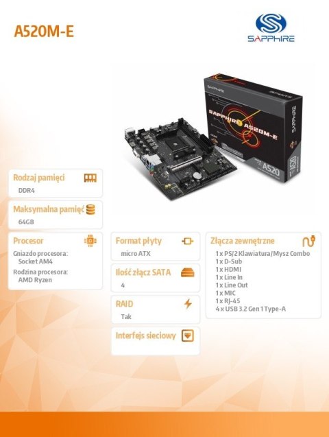 Sapphire Technology Płyta główna A520M-E AM4 2DDR4 mATX