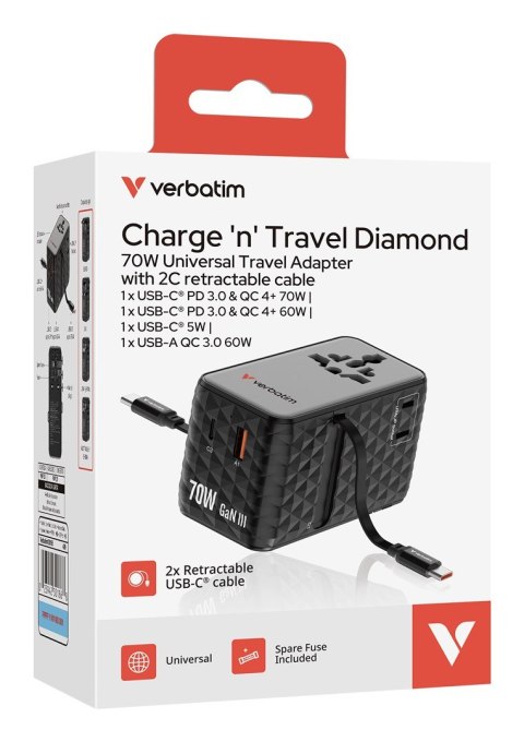 Ładowarka Verbatim Charge 'n' Travel 70W 2C