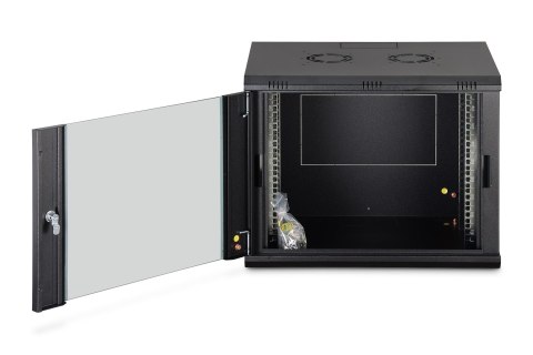 Szafa sieciowa wisząca DYNAmic 19" 9U rack 600x450, drzwi szyba, czarny, niedzielona, złożona, 60kg