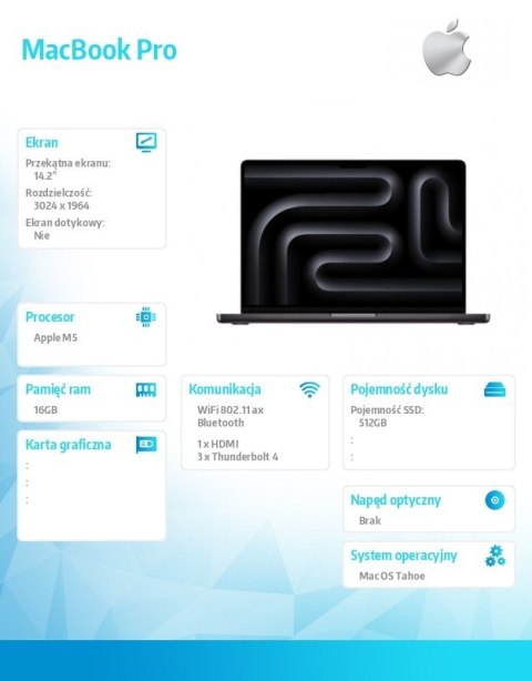Apple MacBook Pro 14.2 cala: M5 10C/10C, 16GB, 512GB SSD - Gwiezdna czerń