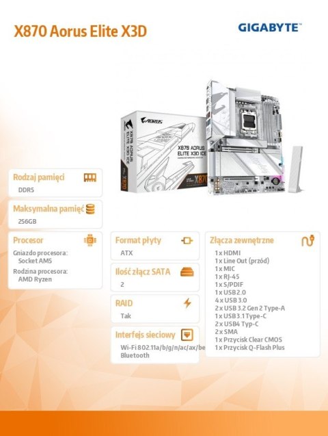 Gigabyte Płyta główna X870 AORUS ELITE X3D ICE AM5 4DDR5 HDMI ATX