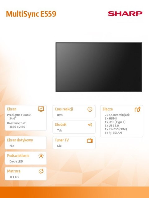 Sharp Monitor wielkoformatowy MultiSync E559 55 cali UHD 16/7 350cd/m2