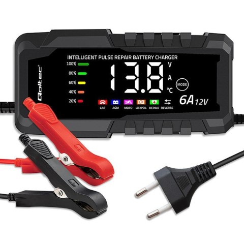 Qoltec Mikroprocesorowa ładowarka 12V 6A | Prostownik z funkcją naprawy do akumulatora AGM GEL LiFePO4 | LCD