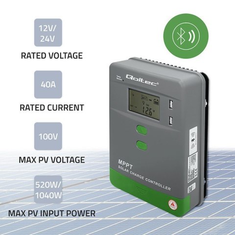 Qoltec Solarny regulator ładowania MPPT z czujnikiem temperatury 40A | 12V/24V | LCD | 2xUSB | Bluetooth | APP | GEL | LiFePO4