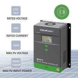 Qoltec Solarny regulator ładowania MPPT z czujnikiem temperatury 60A | 12V/24V | LCD | Bluetooth | APP | GEL | LiFePO4