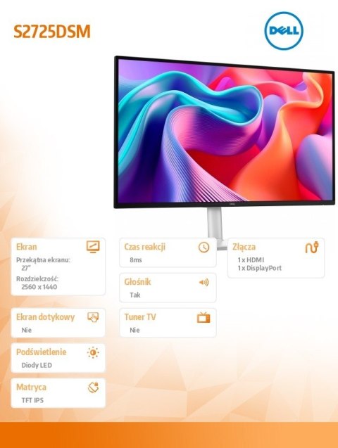 Dell Monitor 27 cali S2725DSM QHD IPS/2560x1440/HDMI/DP/3Y