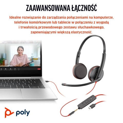POLY Stereofoniczny zestaw słuchawkowy USB-C Blackwire 3225 + wtyczka 3,5 mm + przejściówka USB-C/A (opakowanie zbiorcze)