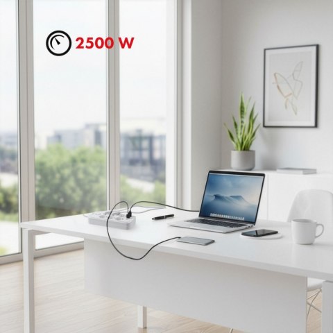 Maclean Listwa zasilająca MCE389 W 6 gniazd 4xUSB-A 1xUSB-C 110-240V, AC 50/60Hz, 2.1A max 2500W biała