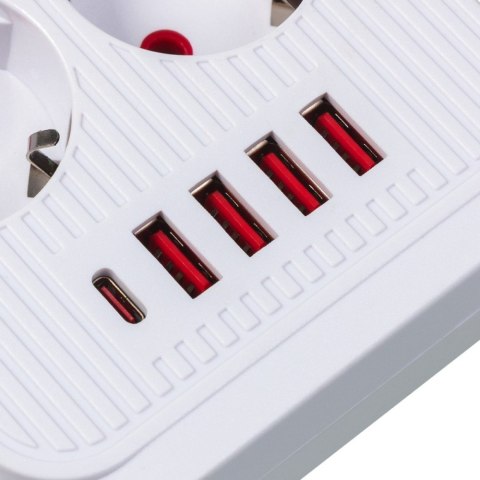 Maclean Listwa zasilająca MCE391 W 6 gniazd 4xUSB-A 1xUSB-C 110-240V AC 50/60Hz, 2.1A max 2500W, biała