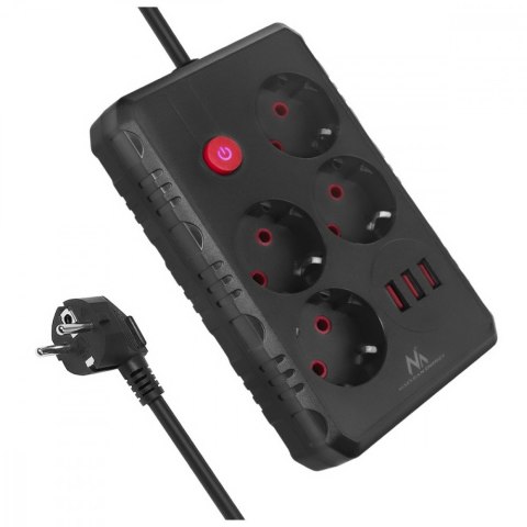 Maclean Listwa zasilająca MCE393 B 4 gniazda 3xUSB 110-240V AV 50/60Hz 1A max 2500W 3m czarna