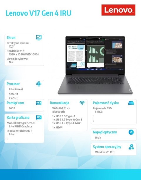 Lenovo Notebook V17 G4 83A2004HPB W11Pro i7-13620H/2X8GB/512GB/INT/17.3 FHD/Iron Grey/3YRS OS + 2Yr CI