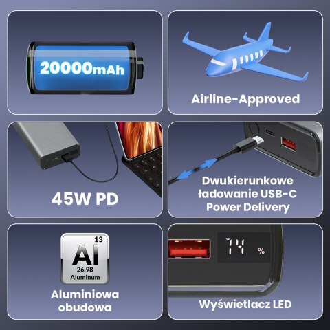 Extralink Powerbank EPB-126 20000mAh Srebrny Power bank, 45W PD, USB-C